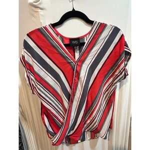 W5 Striped Blouse Womens‎ Medium Red Gray White V Neck Short Sleeve Top